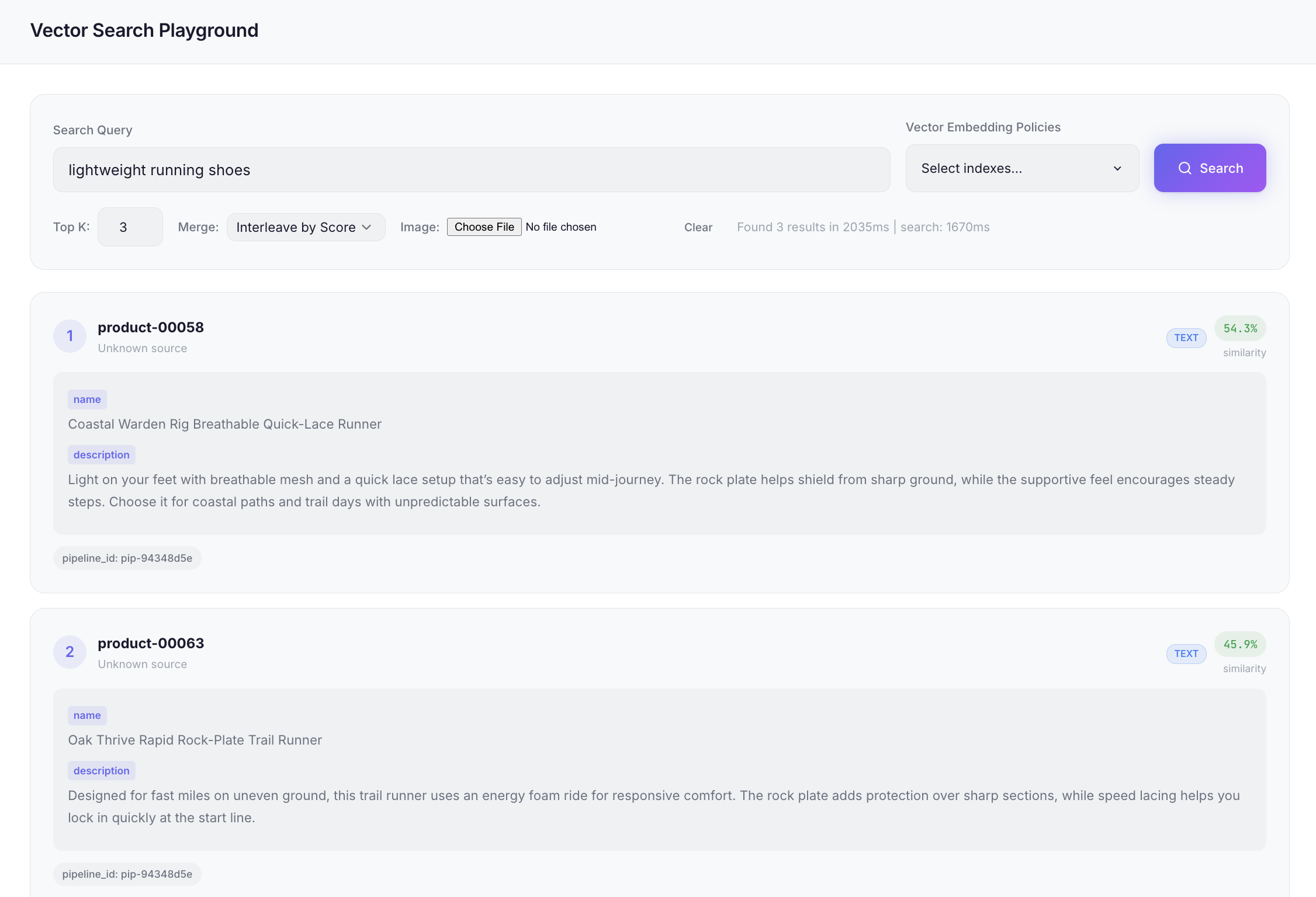 Screenshot of the OmniVec vector search playground showing a natural-language query, vector search controls, and a results panel with matched documents and similarity scores.